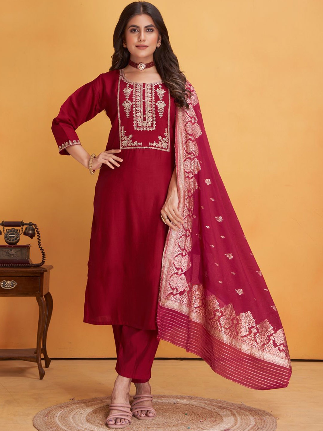 

STYLE SAMSARA Embroidered Regular Sequinned Straight Kurta with Trousers & With Dupatta, Red