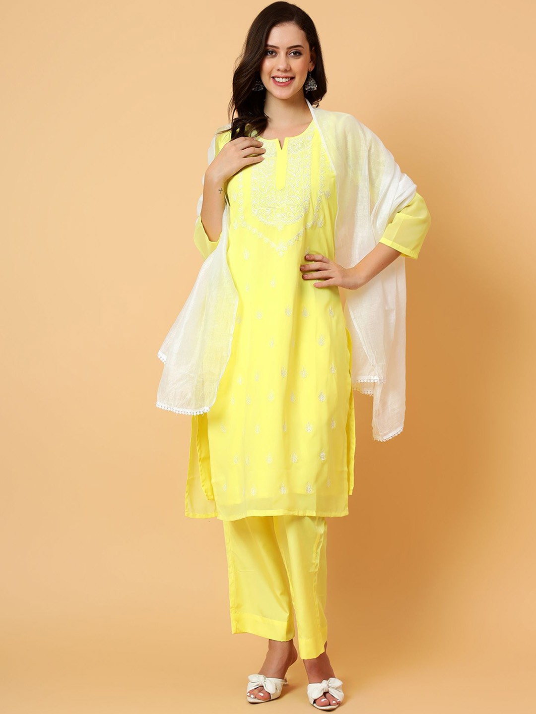 

Bani Women Ethnic Motifs Embroidered Straight Kurta with Trousers & Dupatta, Yellow