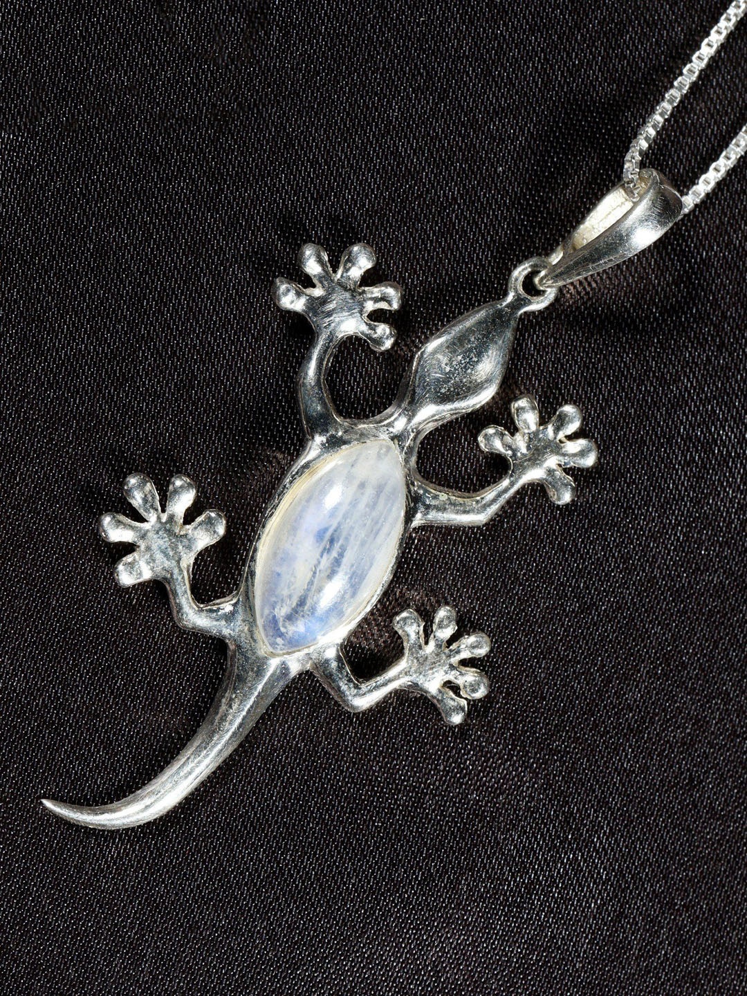 

Exotic India Rainbow Moonstone Sterling Silver Lizard Pendant