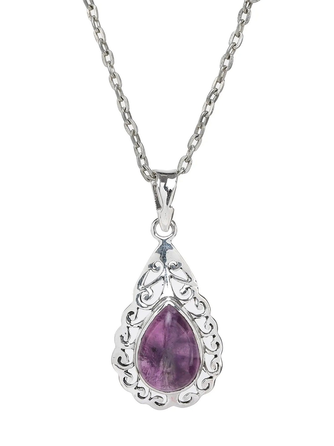 

Exotic India Amethyst Gemstone Drop Shaped Sterling Silver Pendant