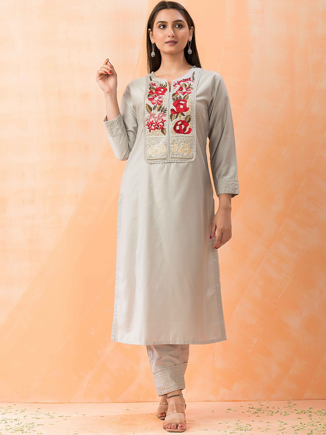 

SACRED SUTA Floral Embroidered Round Neck Sequinned Straight Kurta With Palazzos, Grey