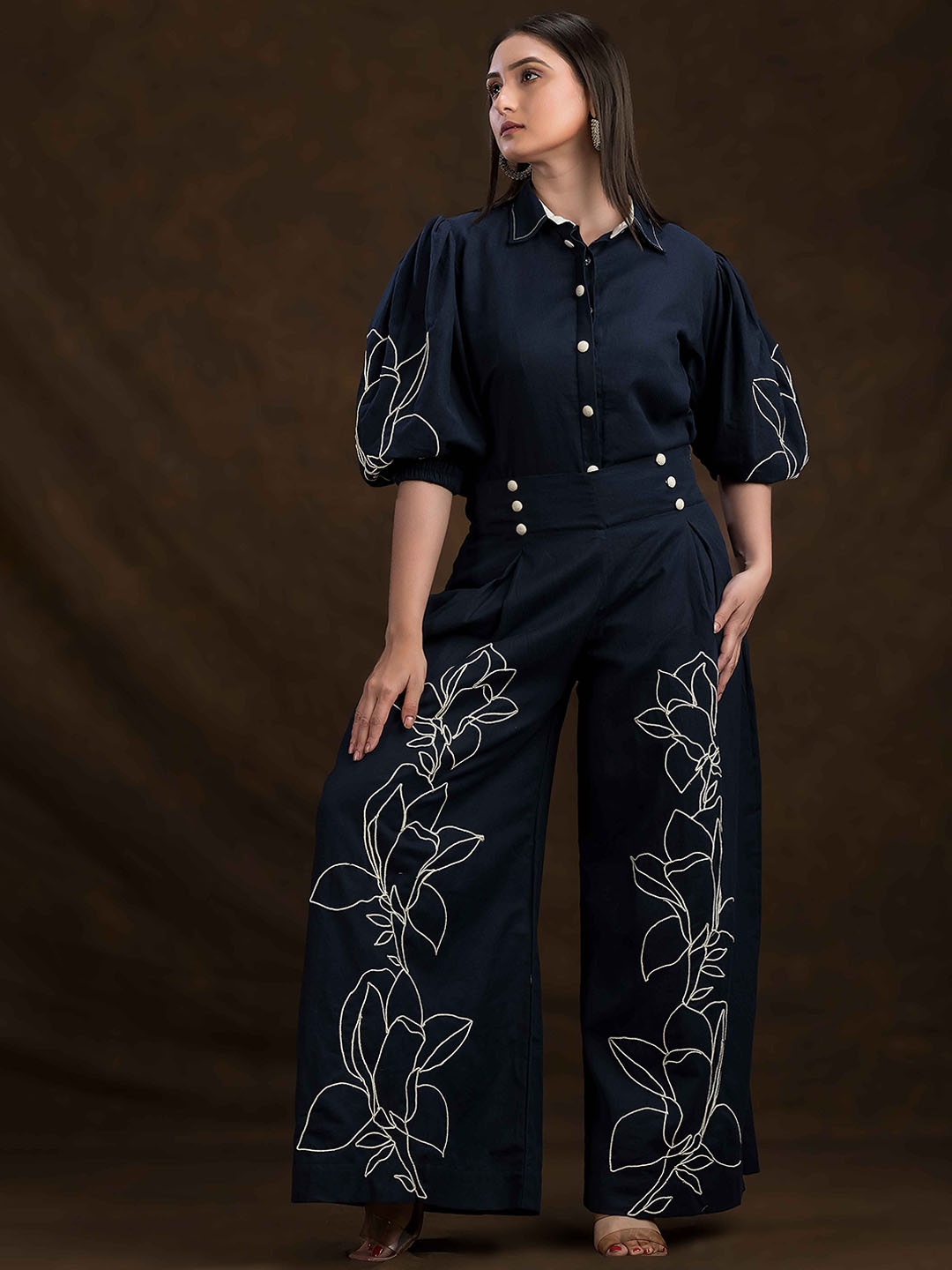 

SACRED SUTA Embroidered Pure Cotton Three Quarter Sleeve Shirt & Palazzos Co-Ords, Blue