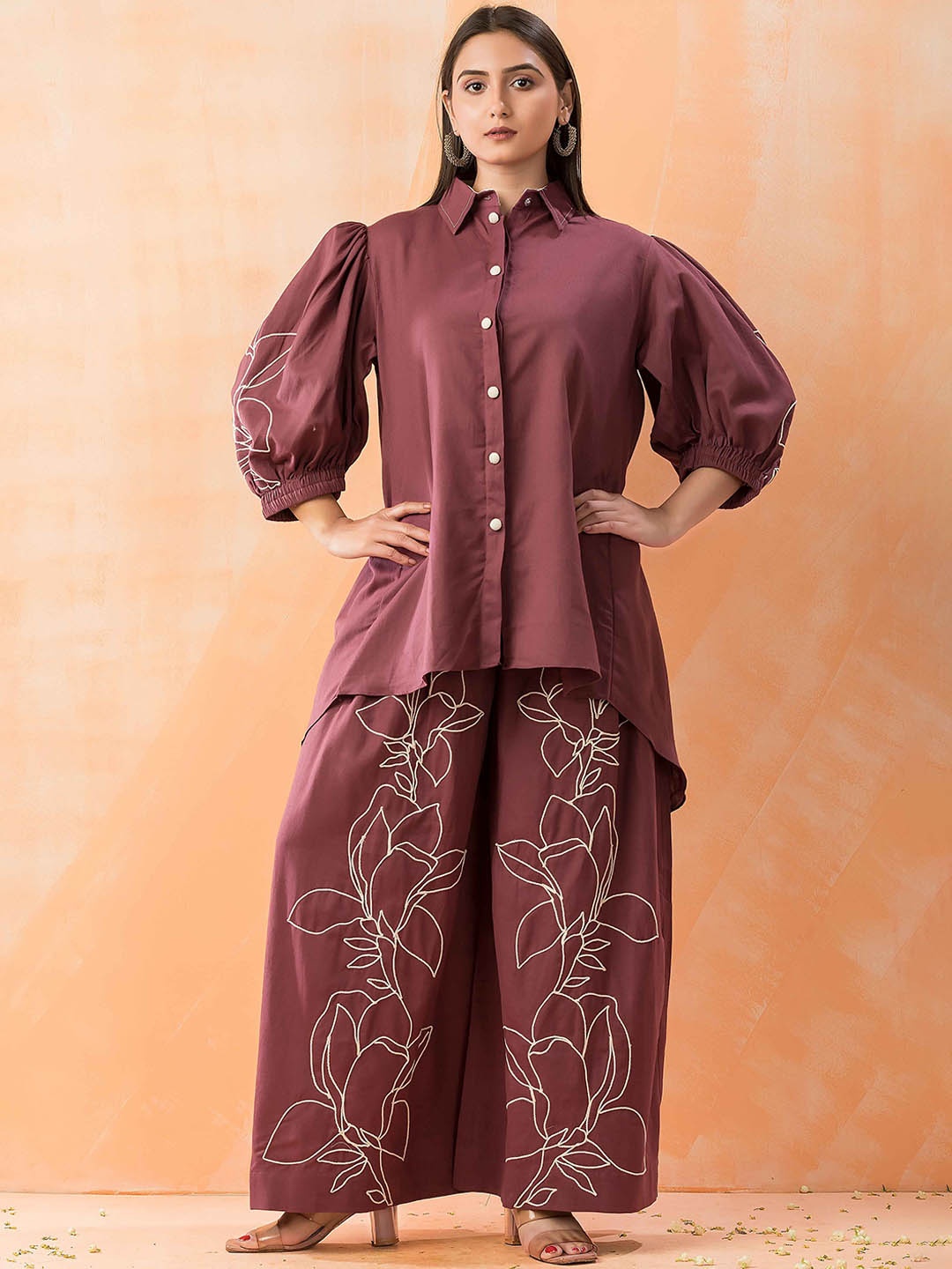 

SACRED SUTA Embroidered Cotton Tunic With Palazzos Co-Ords, Mauve