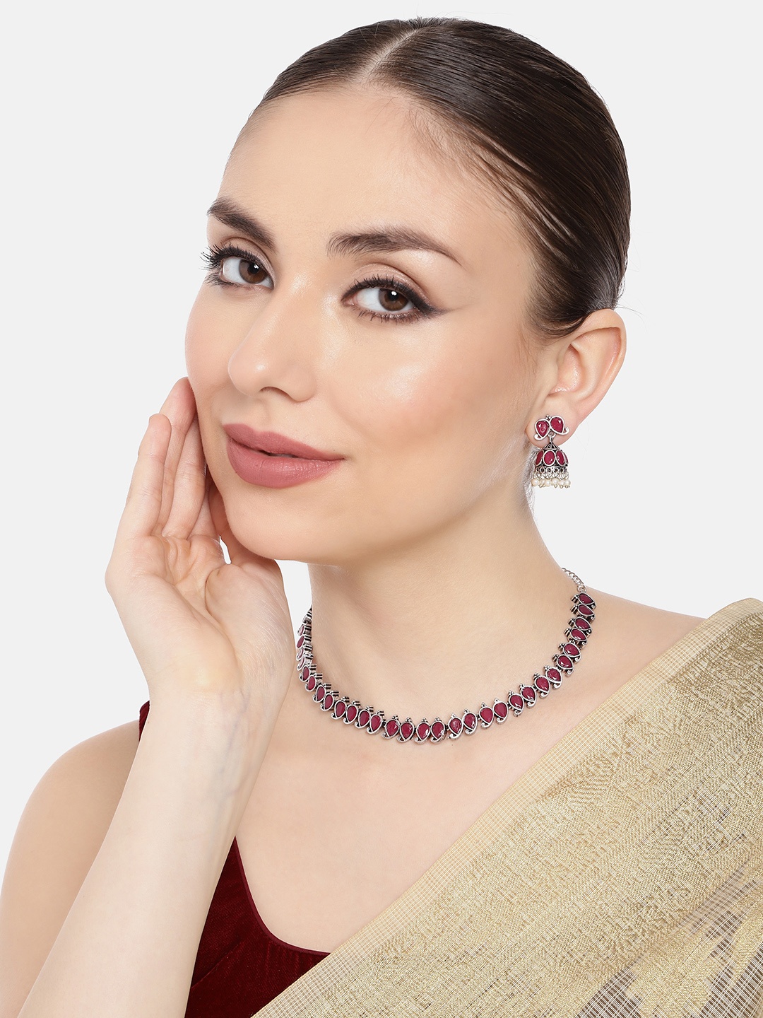 

AITIHYA Necklace With Colored Stones & Matching Earrings, Fuchsia