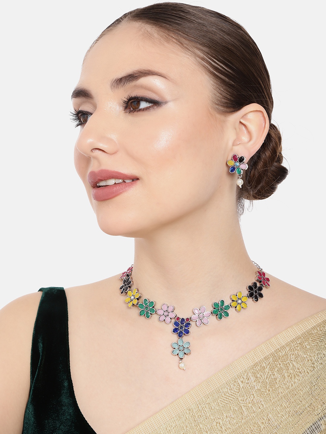 

AITIHYA Necklace With Colored Stones & Matching Earrings, Multi