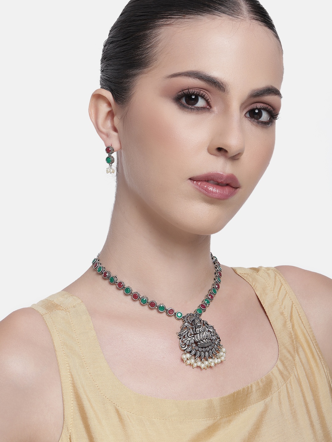 

AITIHYA Silver-Plated Oxidised Artificial Stones & Beads Jewellery Set