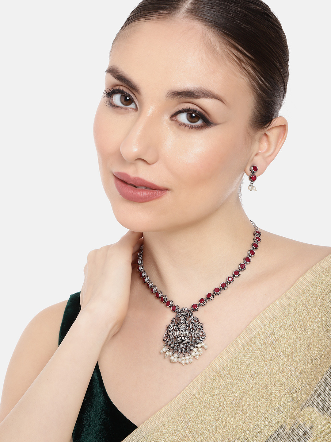 

AITIHYA Necklace With Colored Stones & Matching Earrings, Fuchsia