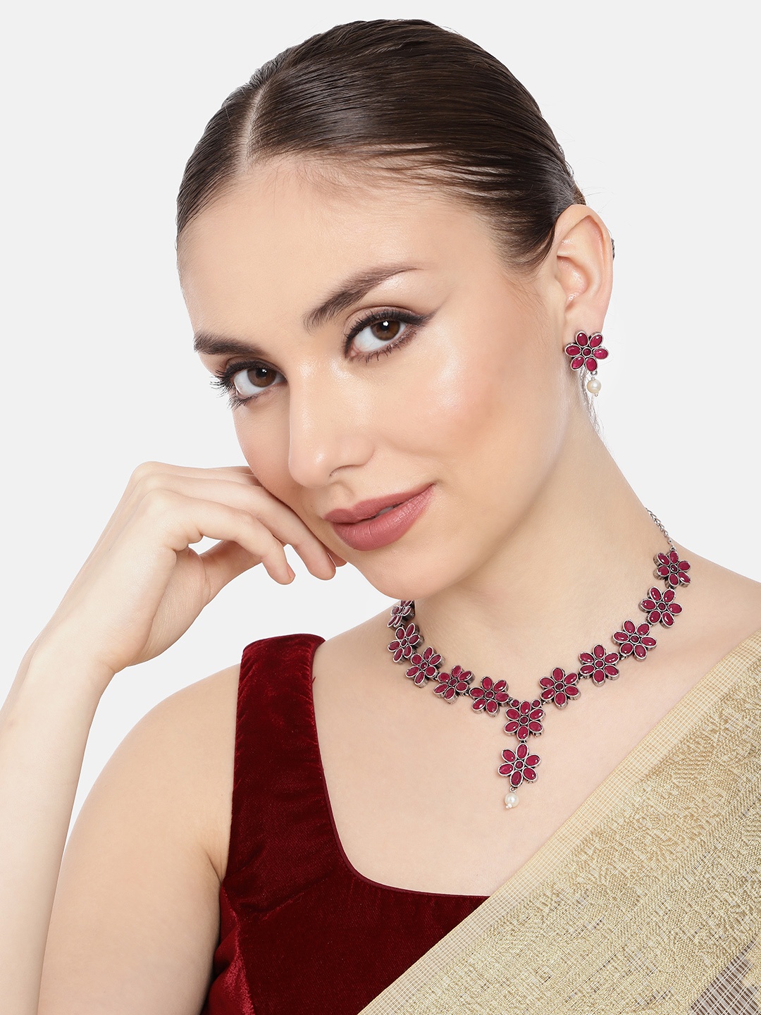 

AITIHYA Necklace With Colored Stones & Matching Earrings, Fuchsia