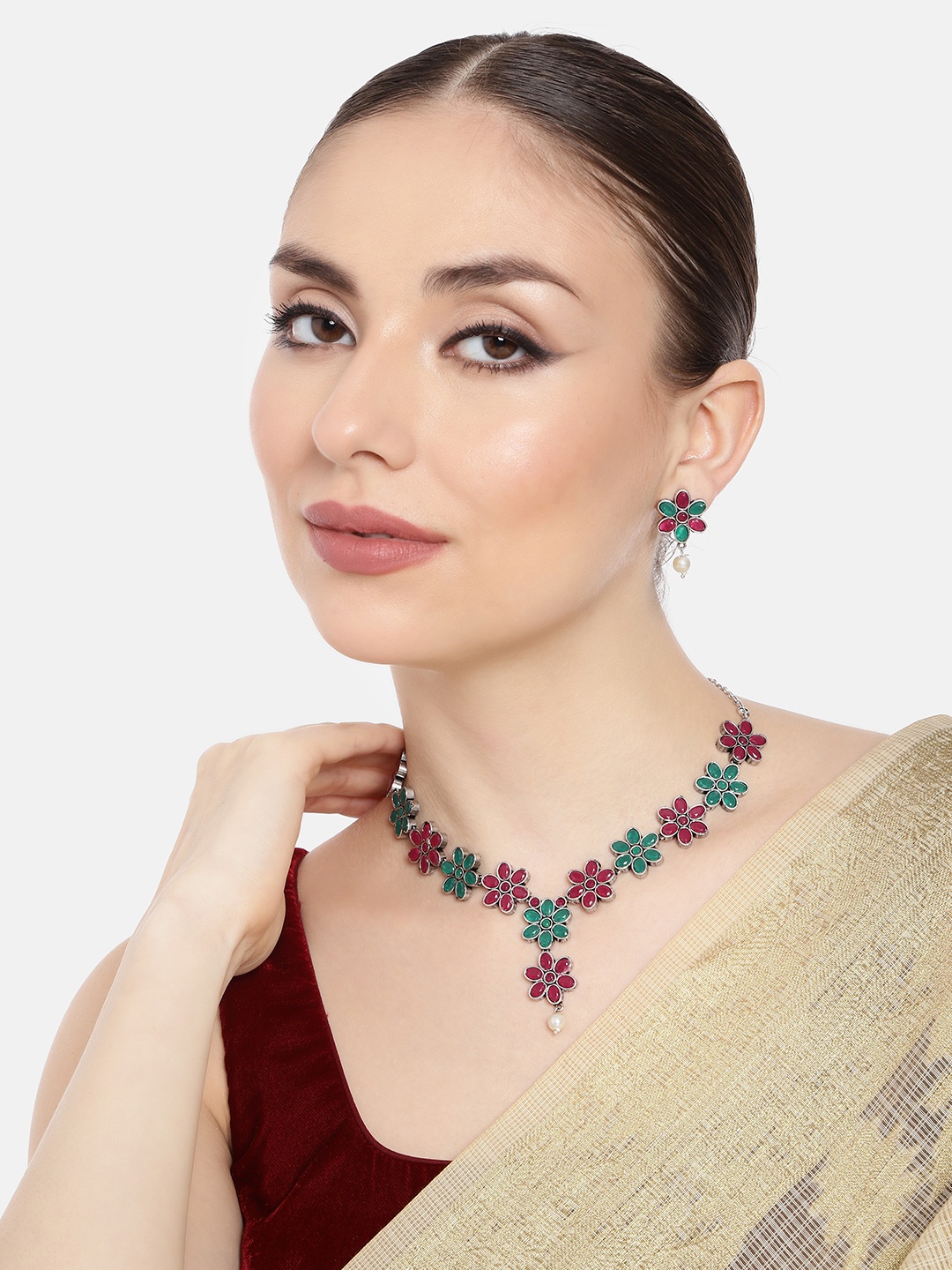 

AITIHYA Necklace With Colored Stones & Matching Earrings, Multi