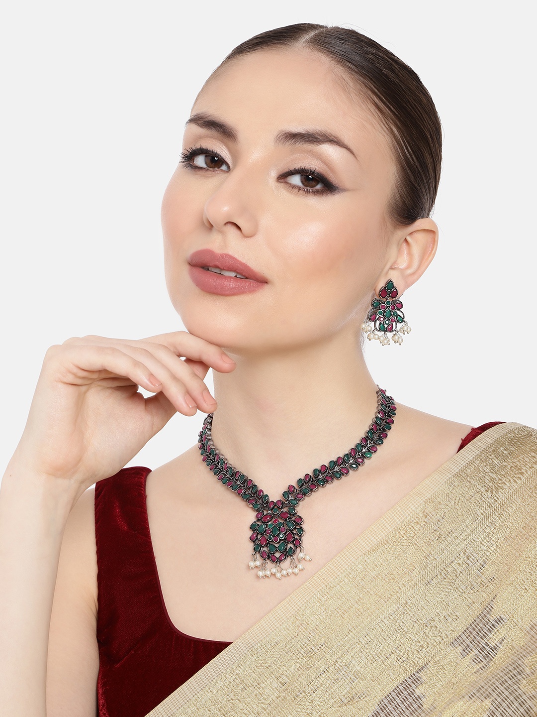

AITIHYA Necklace With Colored Stones & Matching Earrings, Multi