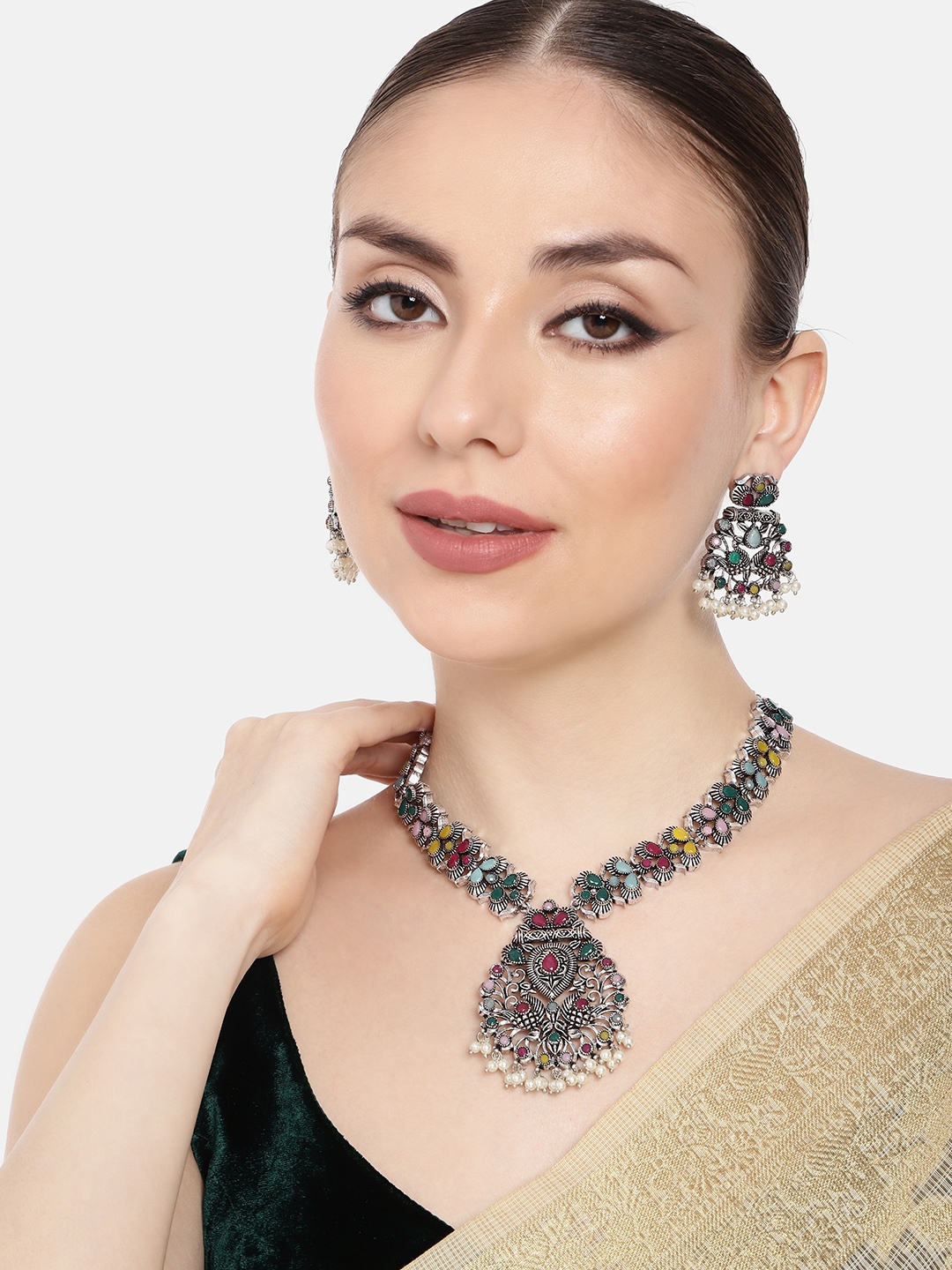

AITIHYA Necklace With Colored Stones & Matching Earrings, Multi