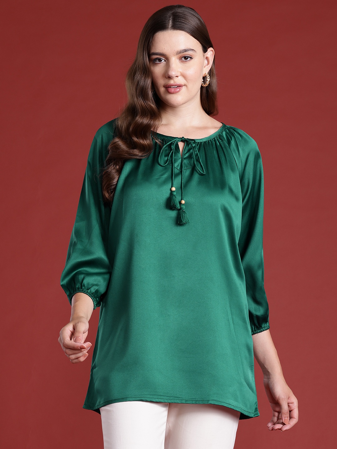 

all about you Tie-Up Neck Puff Sleeve Longline Top, Green