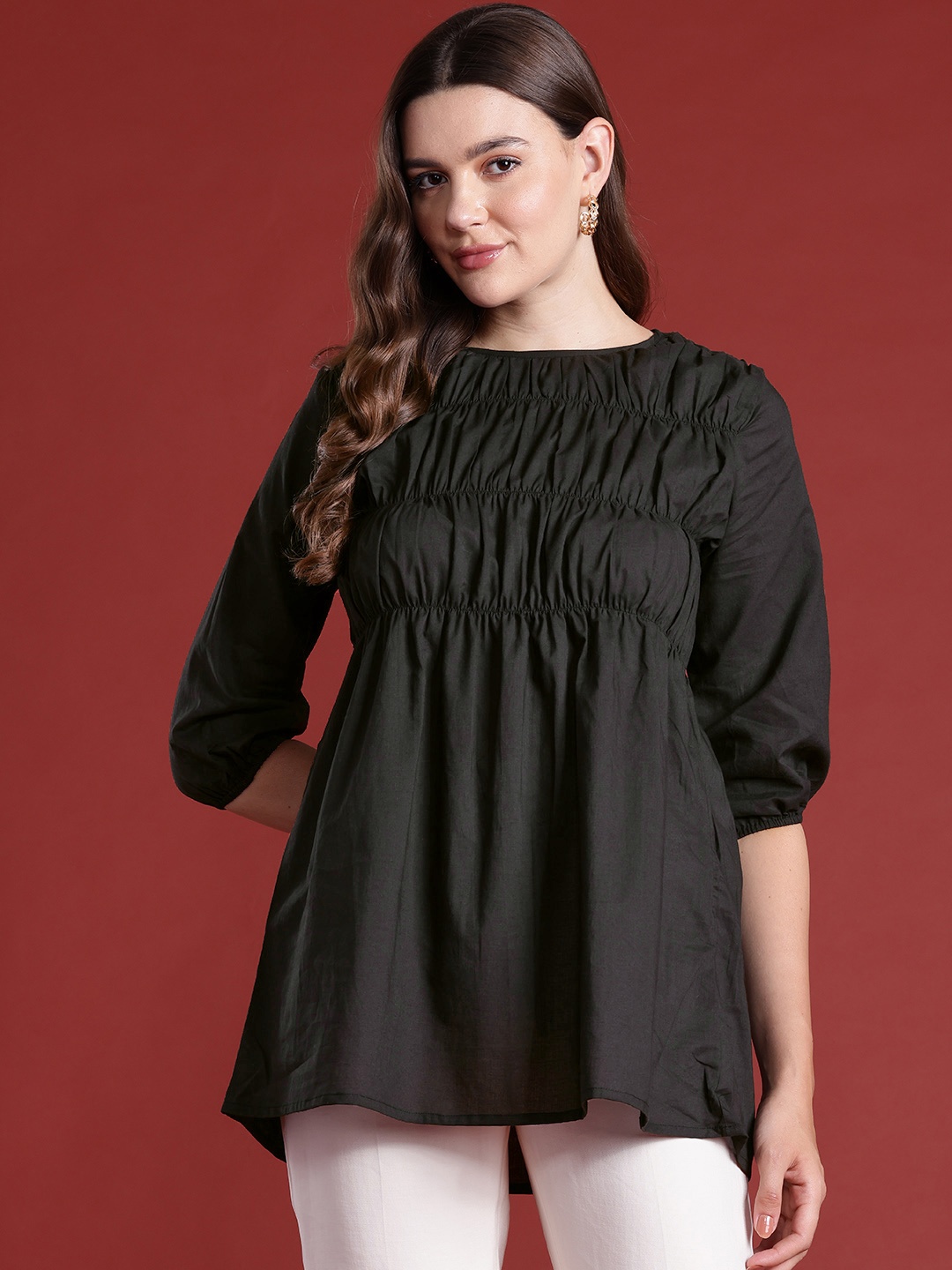 

all about you Puff Sleeves Pure Cotton Tiered Longline Top, Black