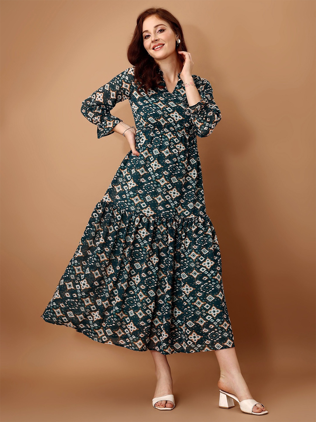 

Fashfun Floral Print Bell Sleeve Crepe A-Line Midi Dress, Turquoise blue