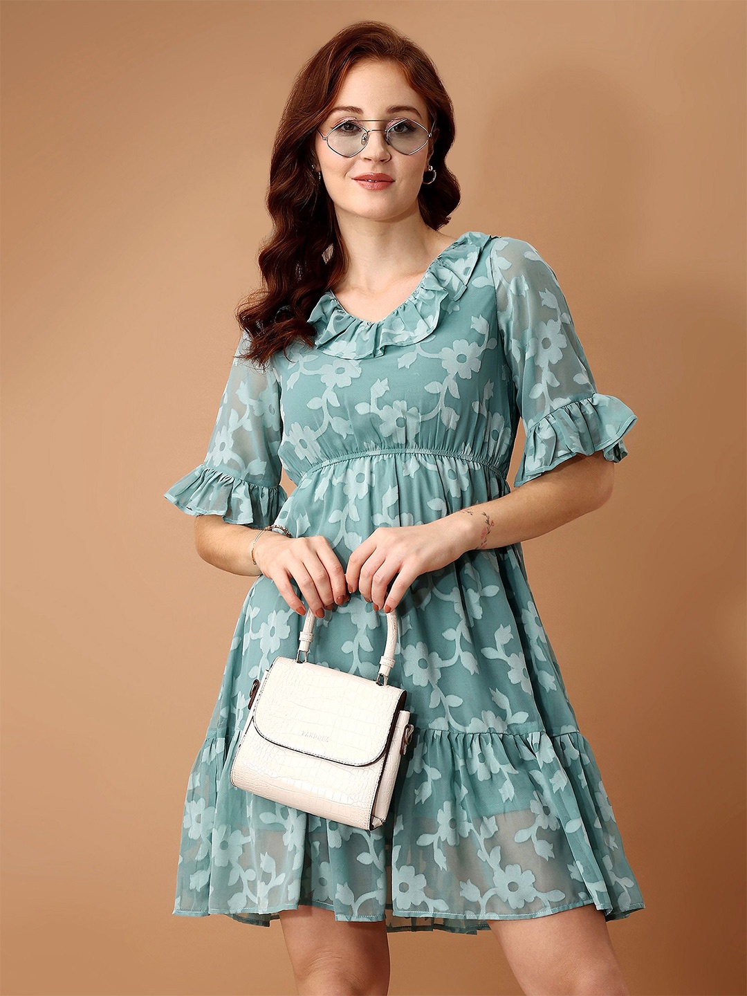 

Fashfun Floral Print Bell Sleeve Crepe Empire Dress, Green
