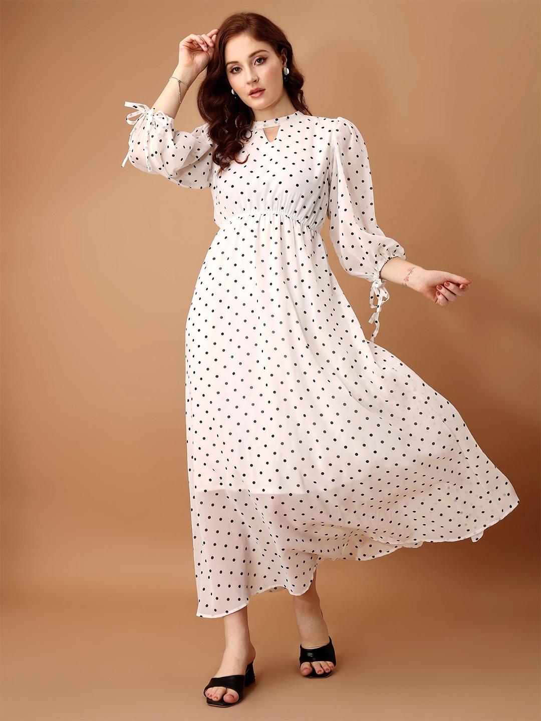 

Fashfun Polka Dot Print Puff Sleeve Crepe Fit & Flare Maxi Dress, White