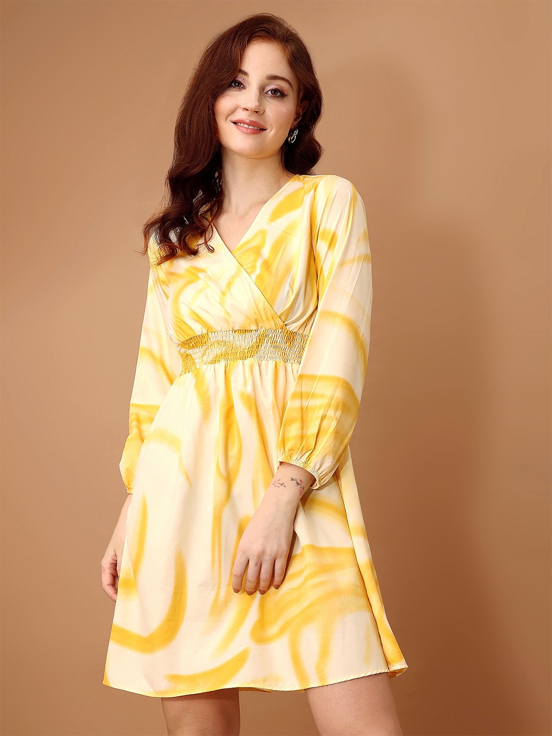 

Fashfun Women Printed Crepe V-Neck Puff Sleeves Above Knee Wrap Dress, Yellow