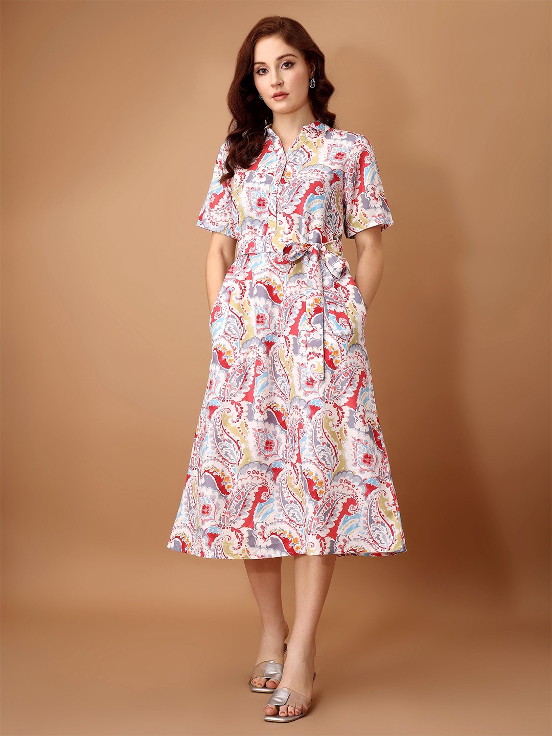 

Fashfun Floral Printed Shirt Collar Crepe A-Line Midi Dress, Multi