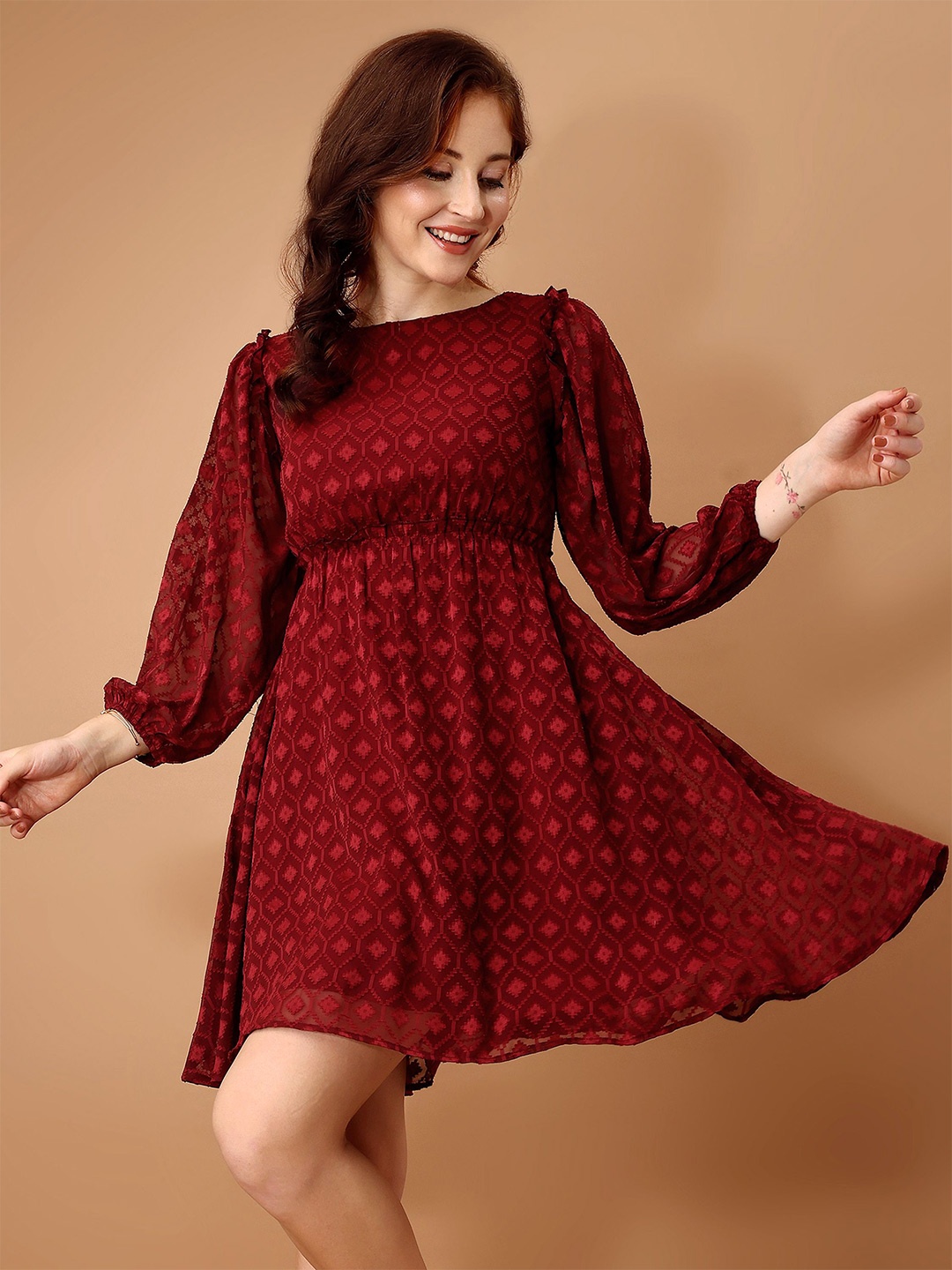 

Fashfun Printed Puff Sleeve Fit & Flare Dress, Maroon