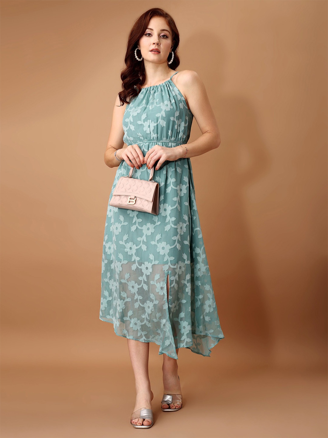 

Fashfun Floral Printed Halter Neck Sleeveless A-Line Midi Dress, Green