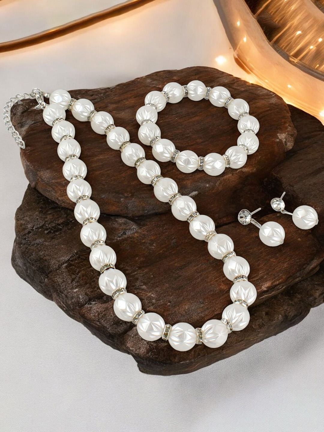 

LUCKY JEWELLERY Beaded Necklace And Earrings With Bracelet, White