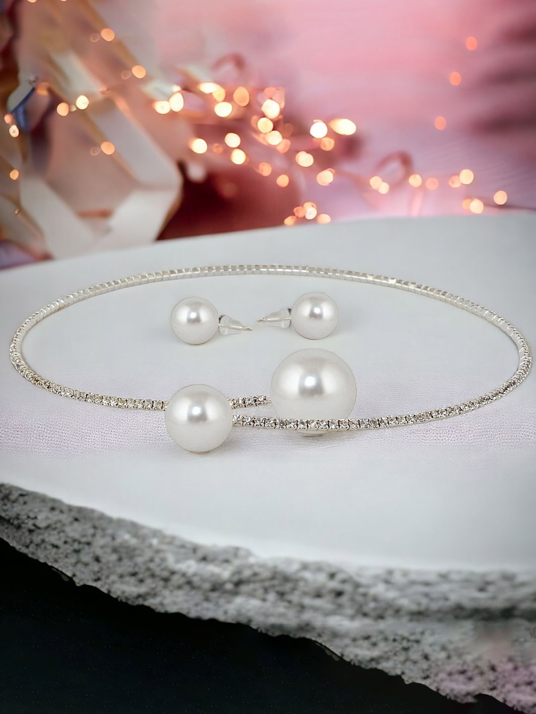 

LUCKY JEWELLERY Silver-Plated CZ-Studded Hasli Necklace Set With Earrings