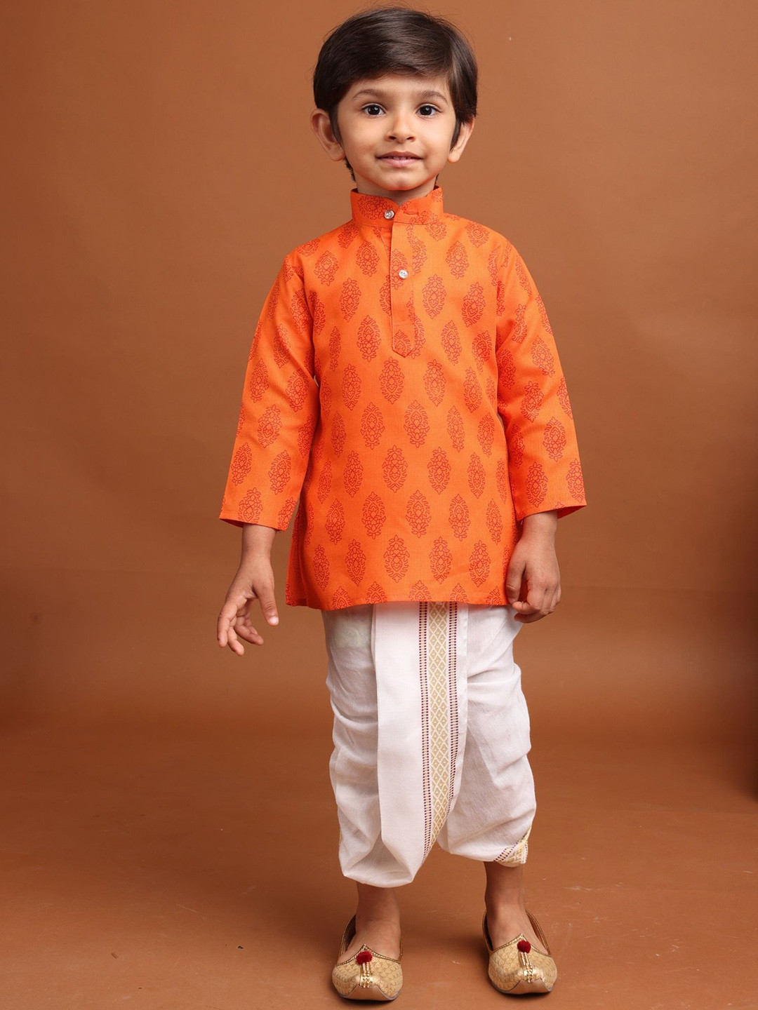 

SHIWAM ETHNIX Boys Ethnic Motifs Printed Regular Kurta with Dhoti Pants, Orange