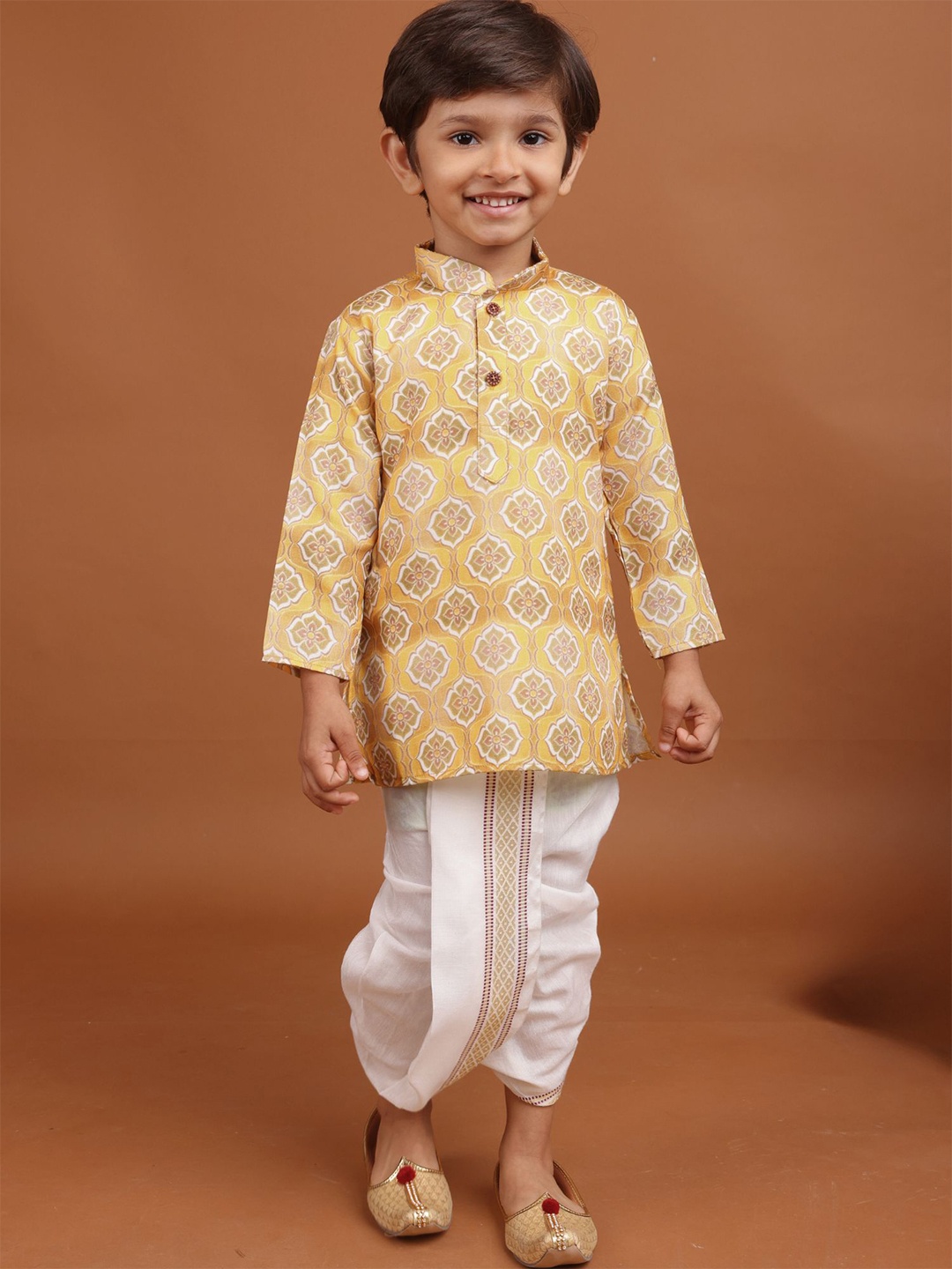 

SHIWAM ETHNIX Boys Floral Printed Regular Kurta with Dhoti Pants, Yellow