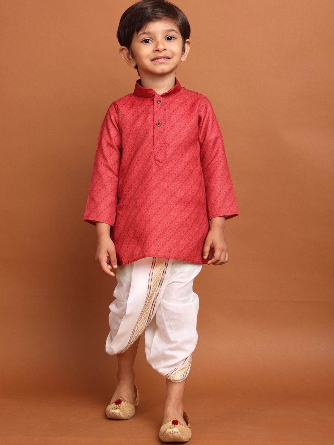 

SHIWAM ETHNIX Boys Bandhani Printed Regular Kurta with Dhoti Pants, Red