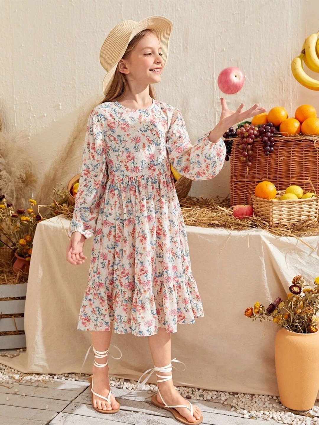 

BAESD Girls Floral Printed Cuffed Sleeves Empire Dress, White