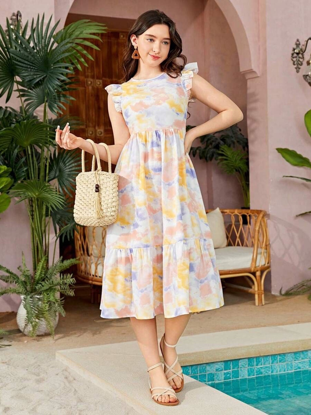 

BAESD Tie and Dye Dyed Fit & Flare Midi Dress, White