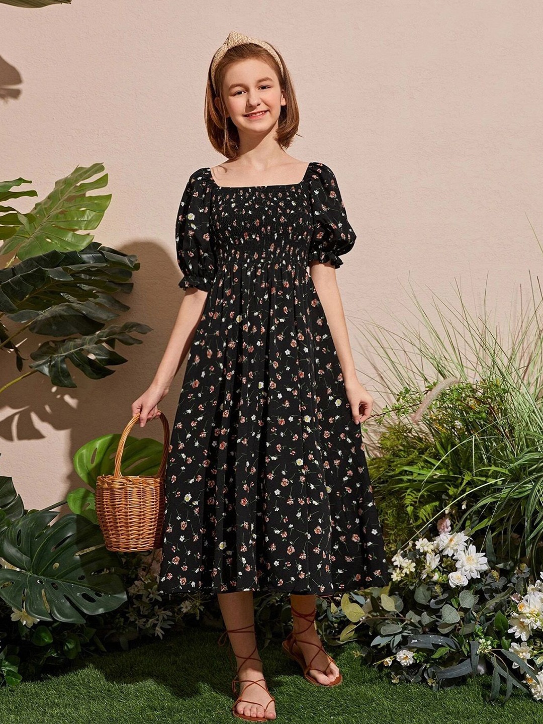 

BAESD Girls Floral Print Puff Sleeve Fit & Flare Midi Dress, Black