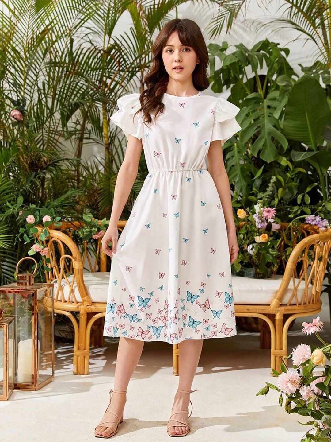 

BAESD Printed Flutter Sleeve Fit & Flare Midi Dress, White