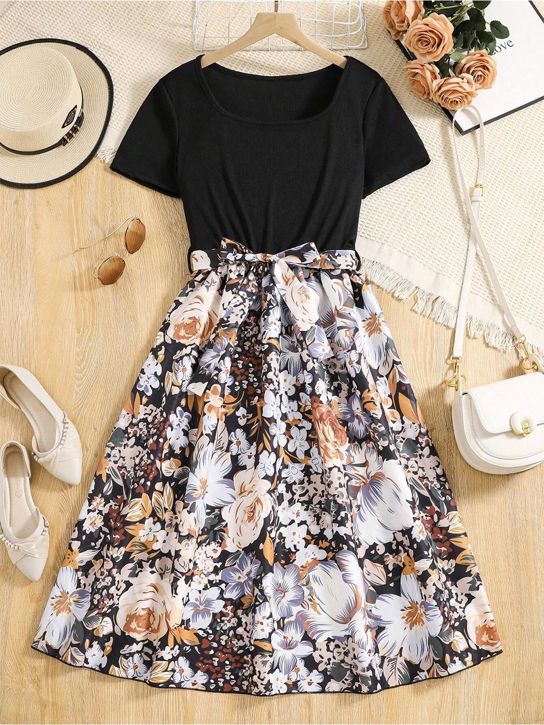 

BAESD Girls Floral Printed Fit & Flare Dress, Black