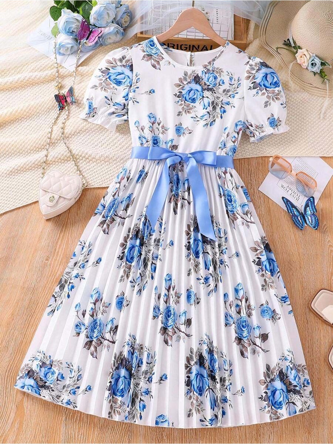 

BAESD Girls Floral Print Puff Sleeve Fit & Flare Dress, White