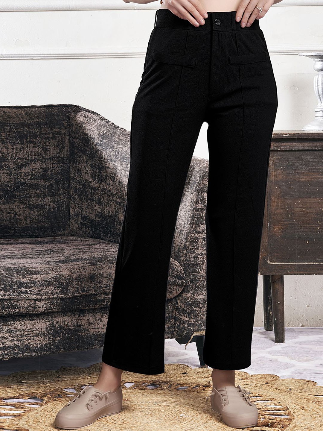 

Selvia Women Soloid Mid Rise Regular Fit Easy Wash Regular Trousers, Black
