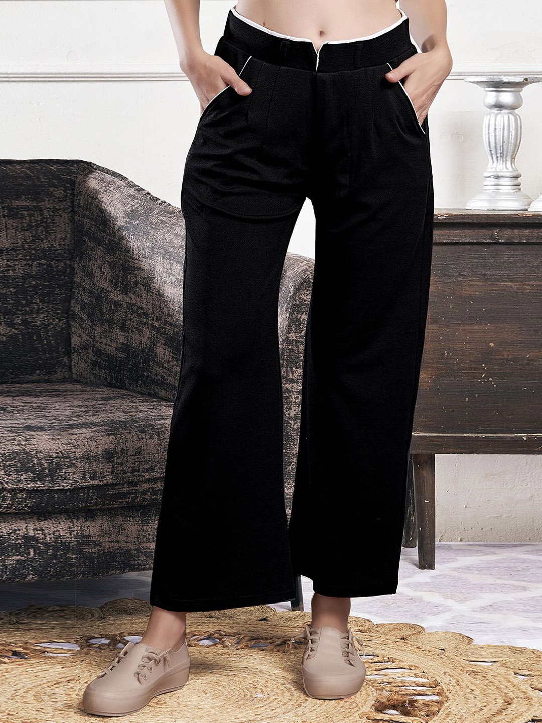 

Selvia Women Solid Mid Rise Regular Fit Lycra Slip On Regular Trousers, Black