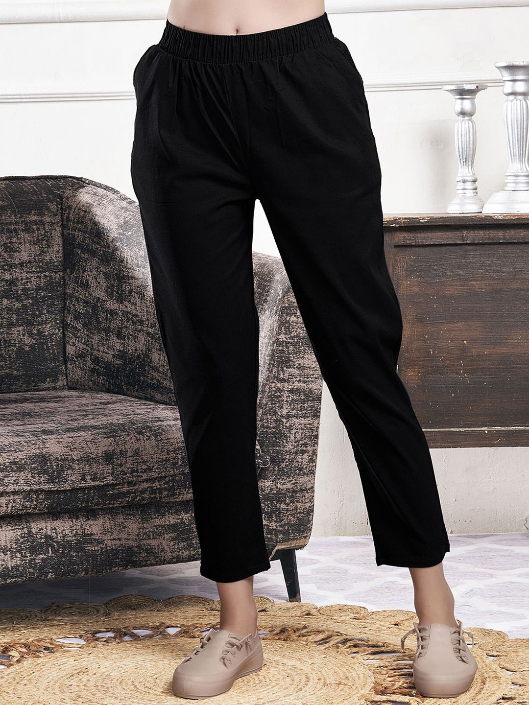 

Selvia Women Easy Wash Mid-Rise Trousers, Black