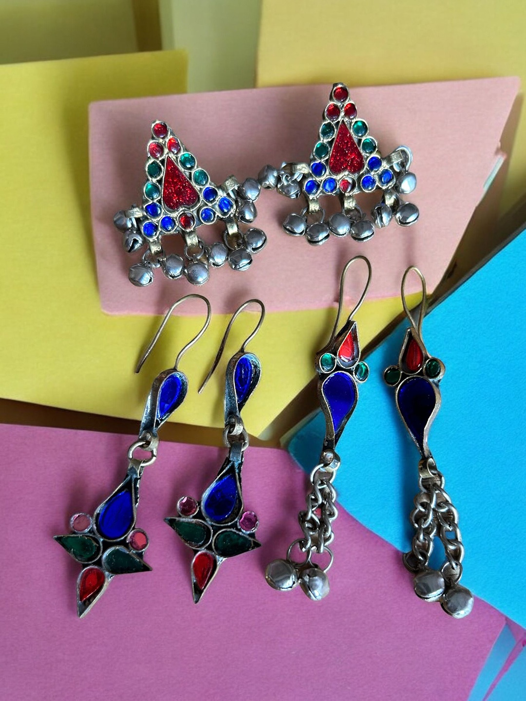 

JEWELWATI Set Of 3 Brass-Plated Rhinestone Studded Contemporary Afghani Drop Earrings, Silver