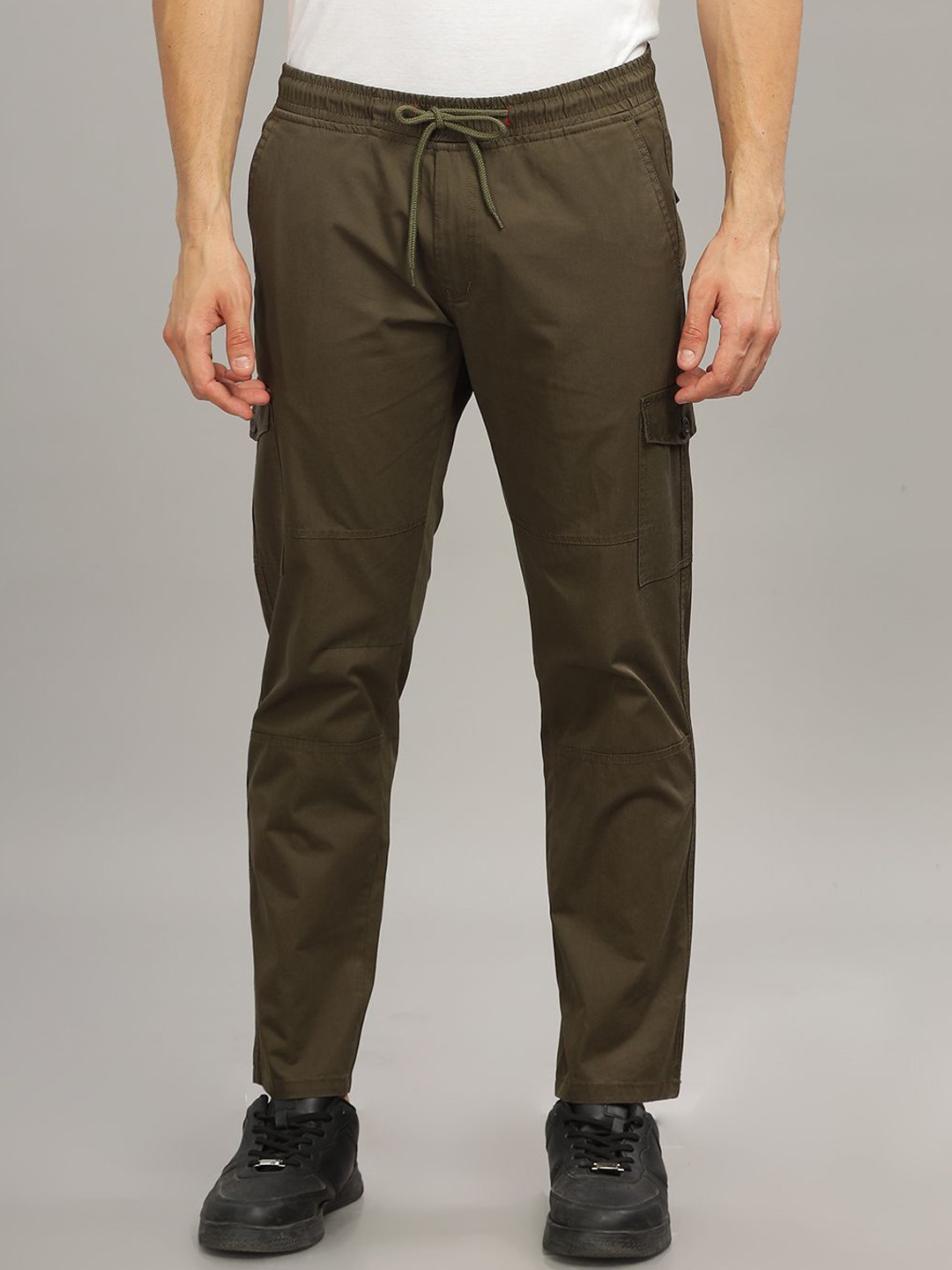 

PAUL STREET Men Smart Slim Fit Mid-Rise Flat-Front Cargo Trousers, Olive
