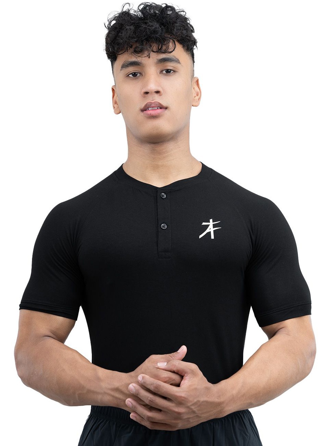 

Athflex Men Moisture Wicking Solid Henley Neck Slim Fit Tshirt, Black