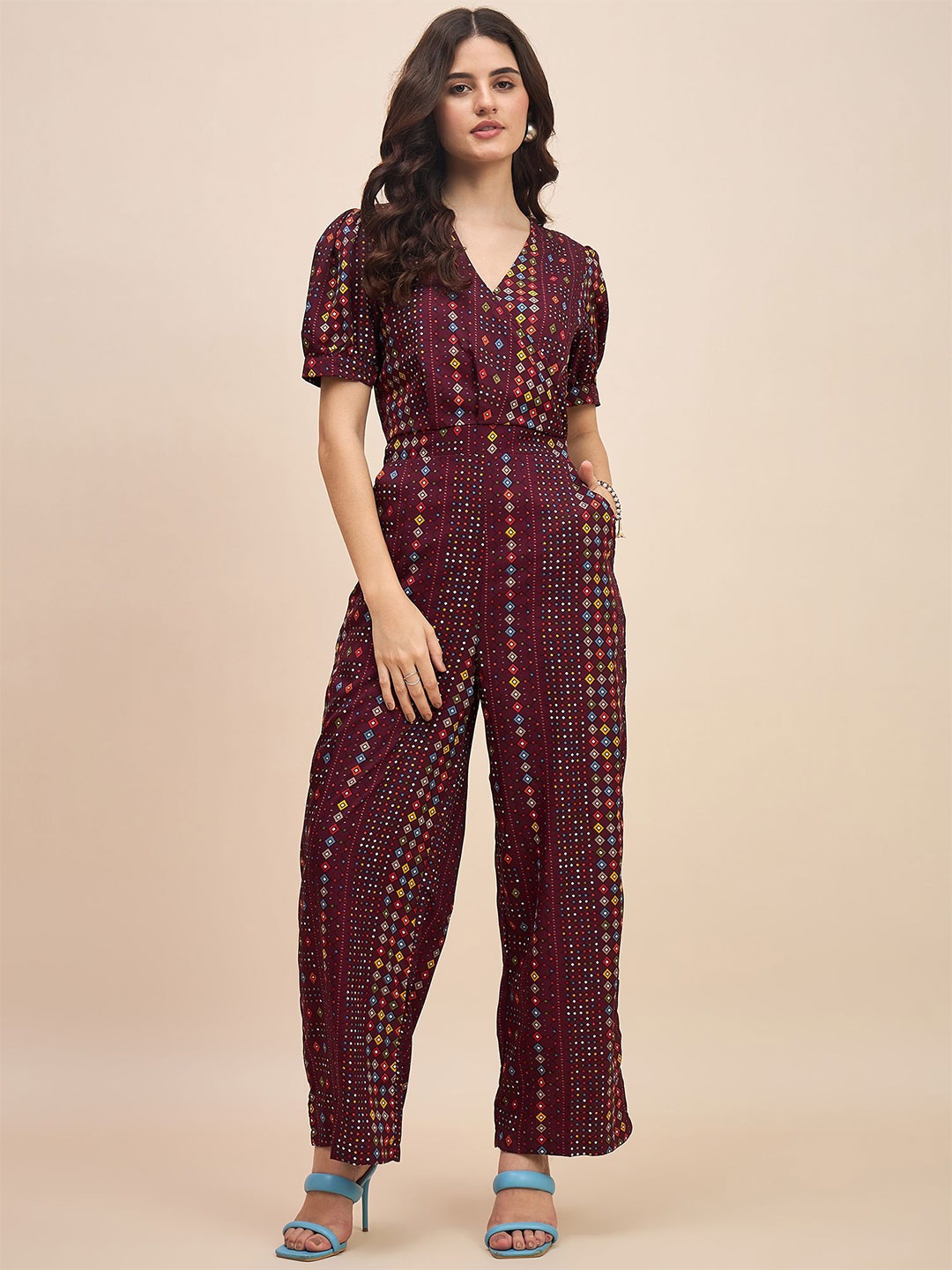 

BRINNS Women Printed Short Sleeves Basic Jumpsuit, Maroon