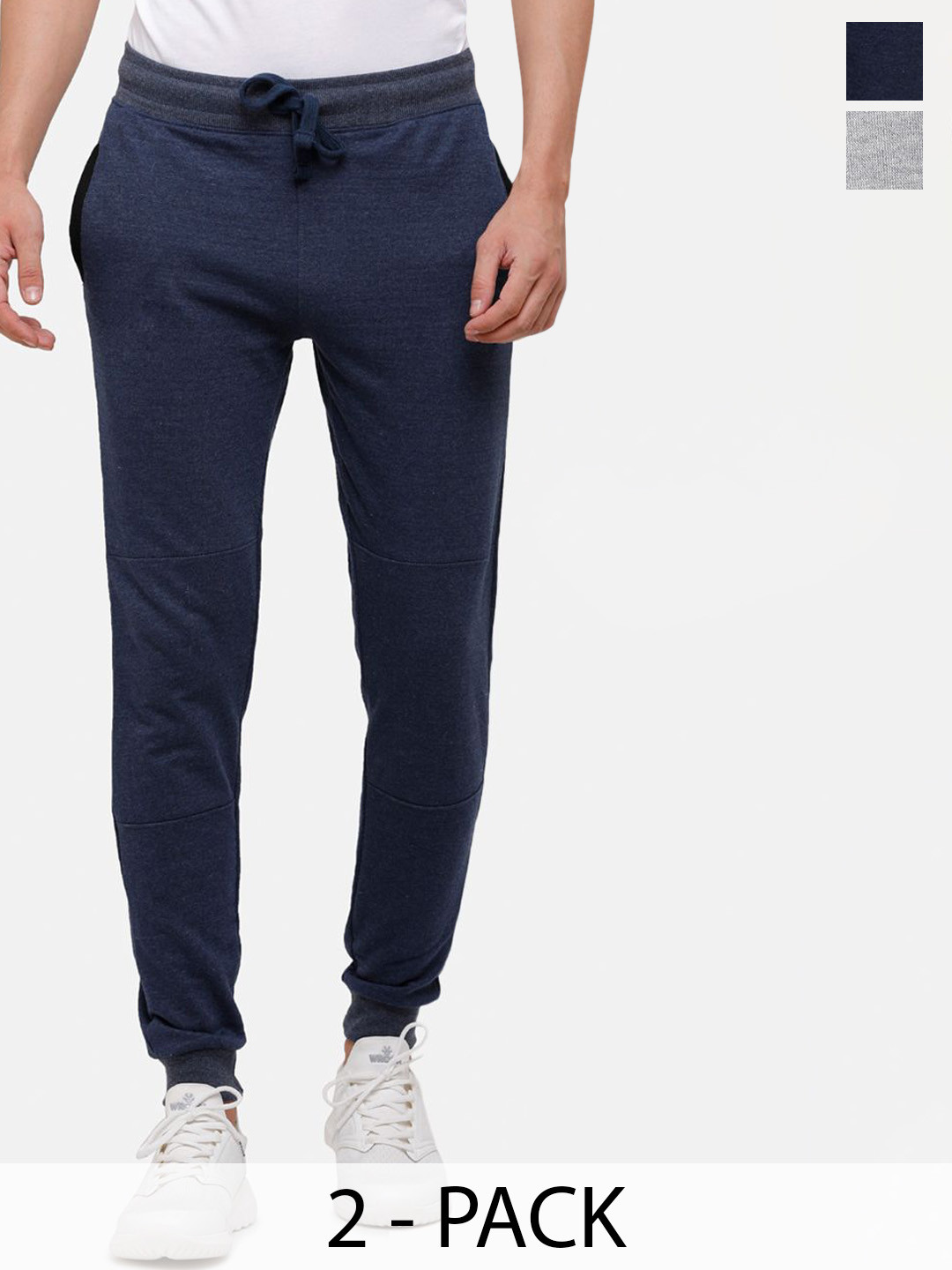 

MADSTO Men Solid 2Pcs Slim Fit Cotton Mid Rise Joggers, Navy blue