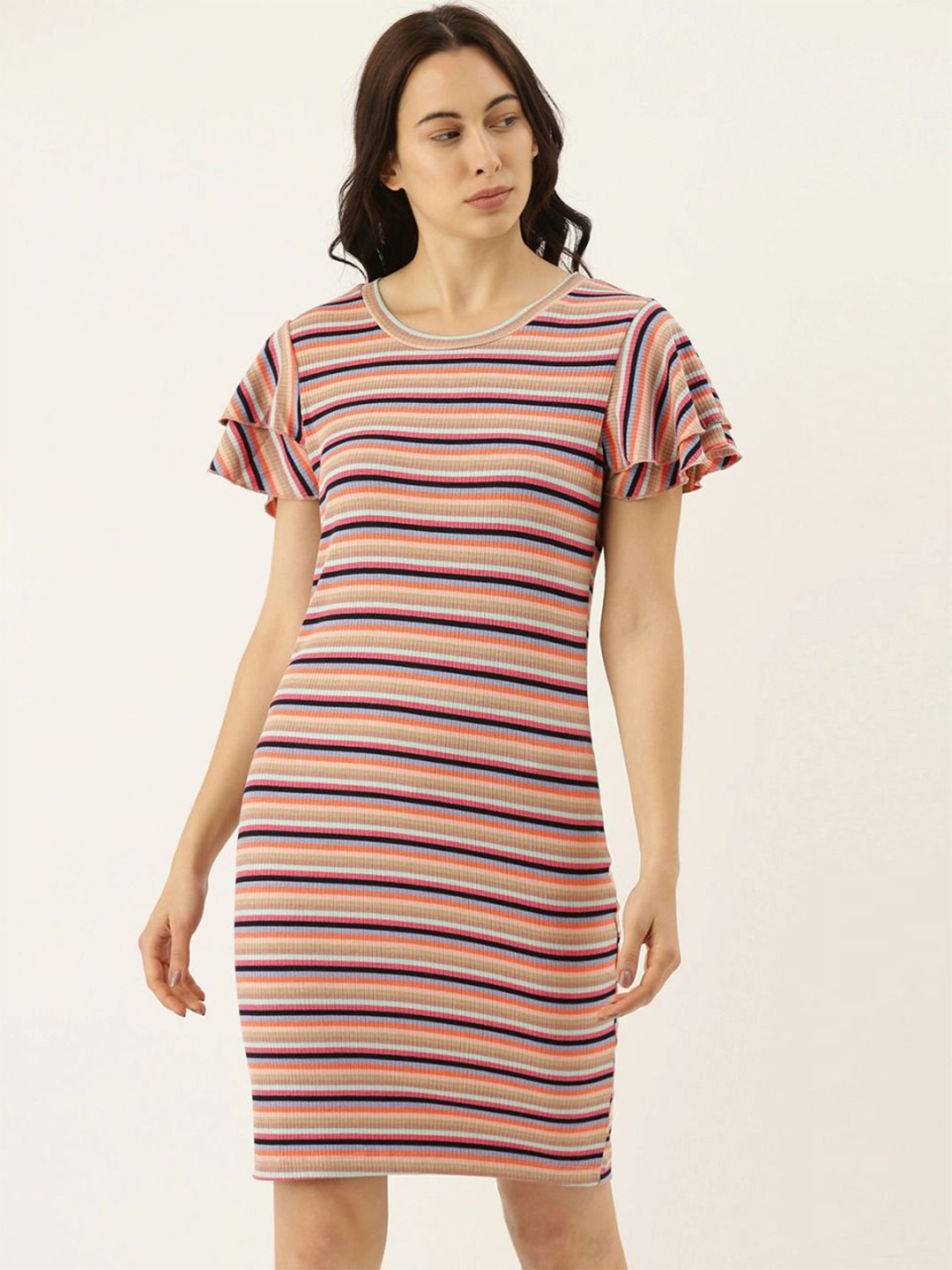 

Campus Sutra Women's Multicolour Horizontal Striped Bodycon Dress, Beige