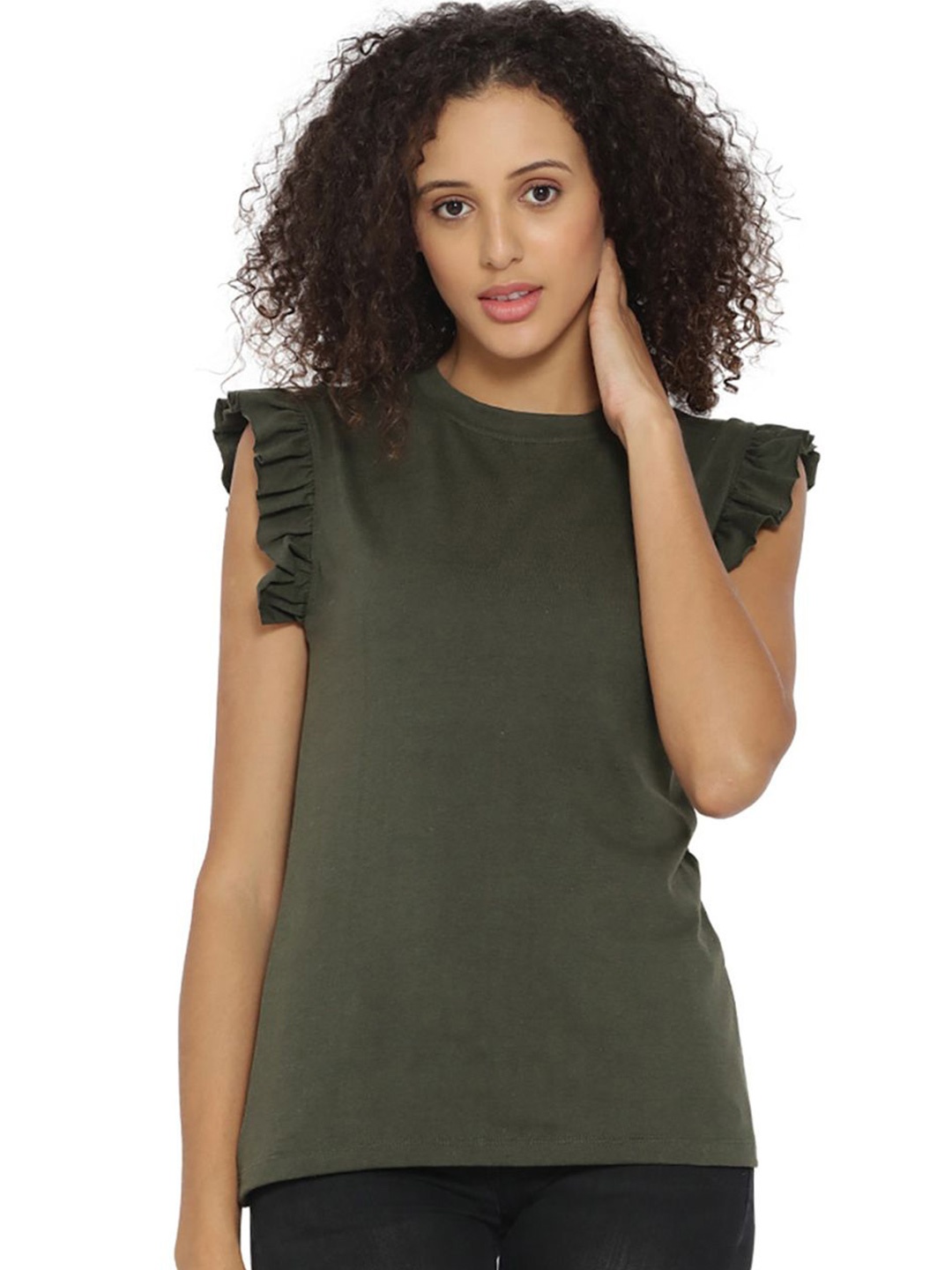 

Campus Sutra Women Round Neck Flutter Sleeve Top, Green