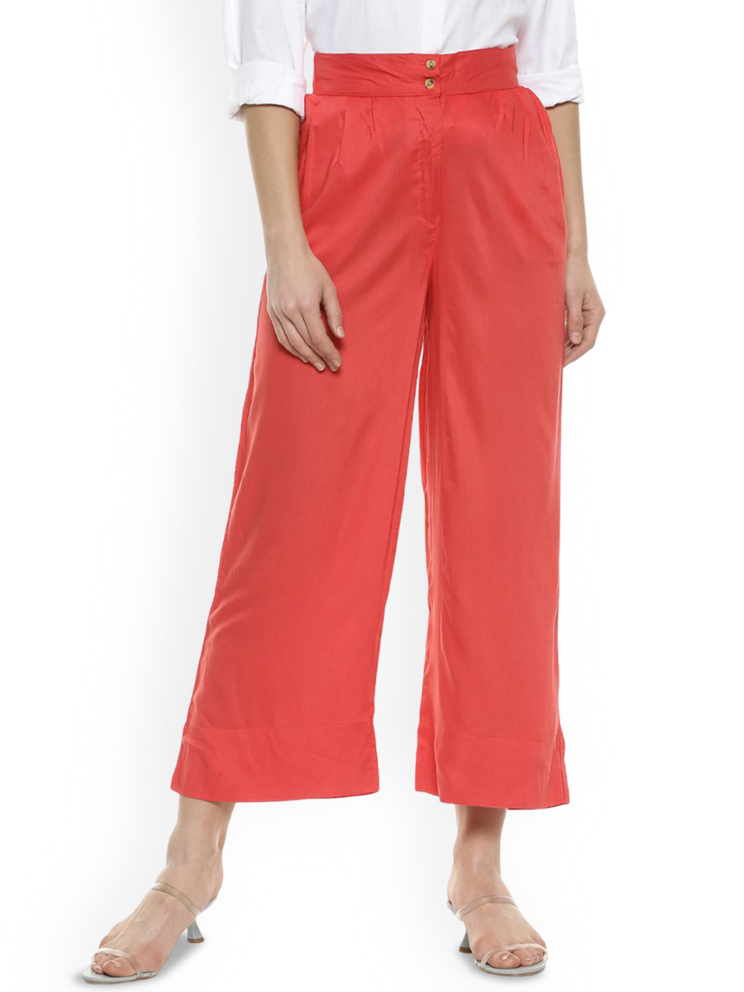 

Campus Sutra Women Solid Mid Rise Regular Fit Regular Trousers, Red