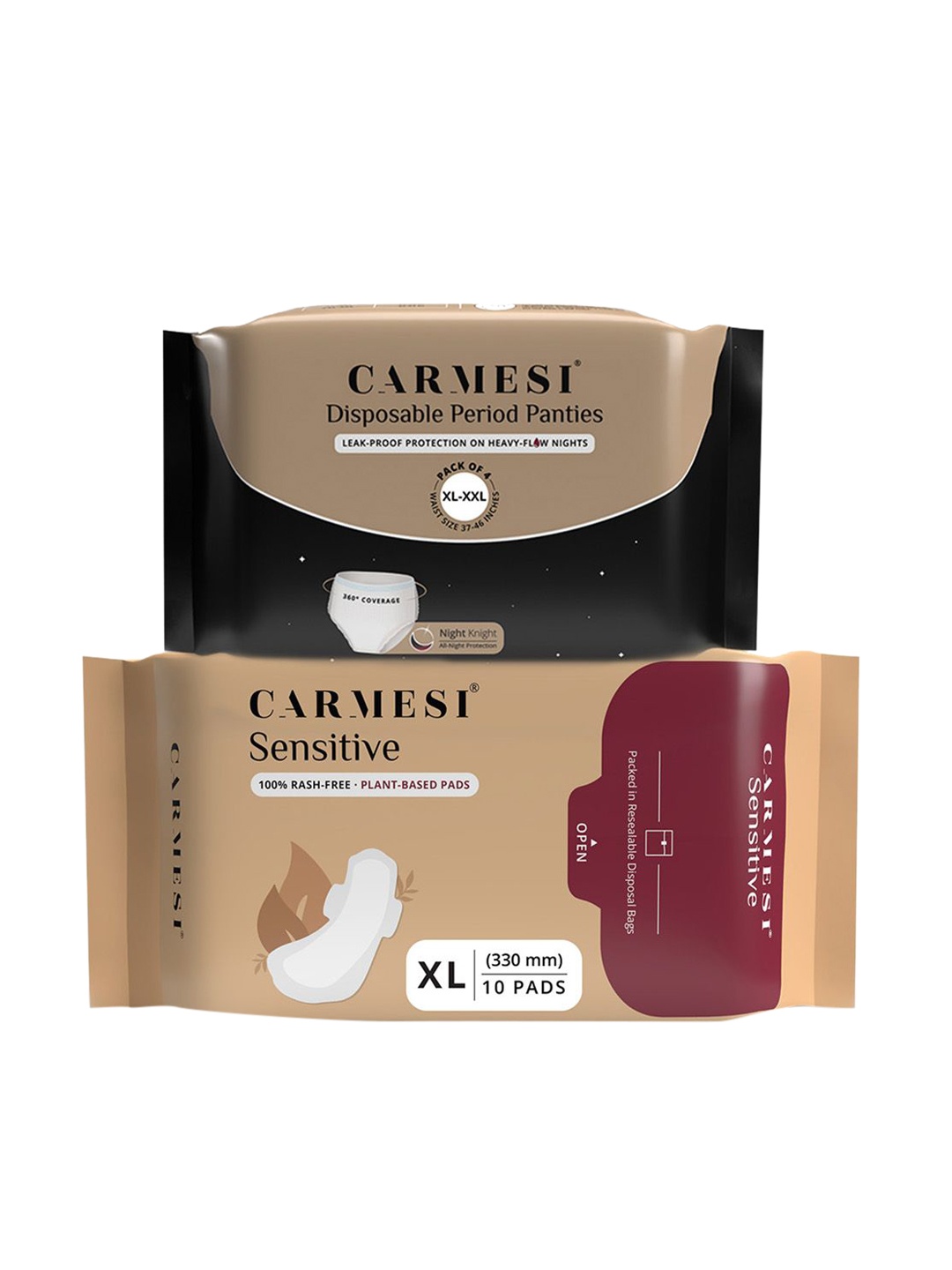 

CARMESI Day & Night Period Care Combo - Disposable Panties 4-Pcs & Sensitive Pads 10-Pcs, Beige