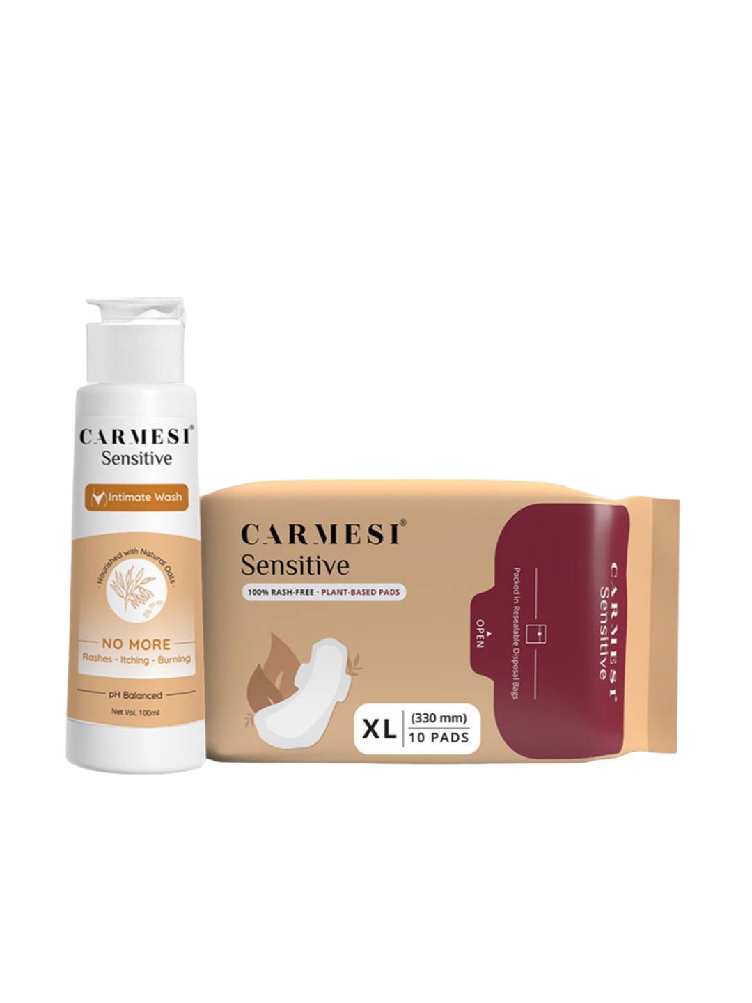 

CARMESI Set of Intimate Wash 100ml & Rash Free Plant Based Sanitary Pads - 10Pcs, Beige