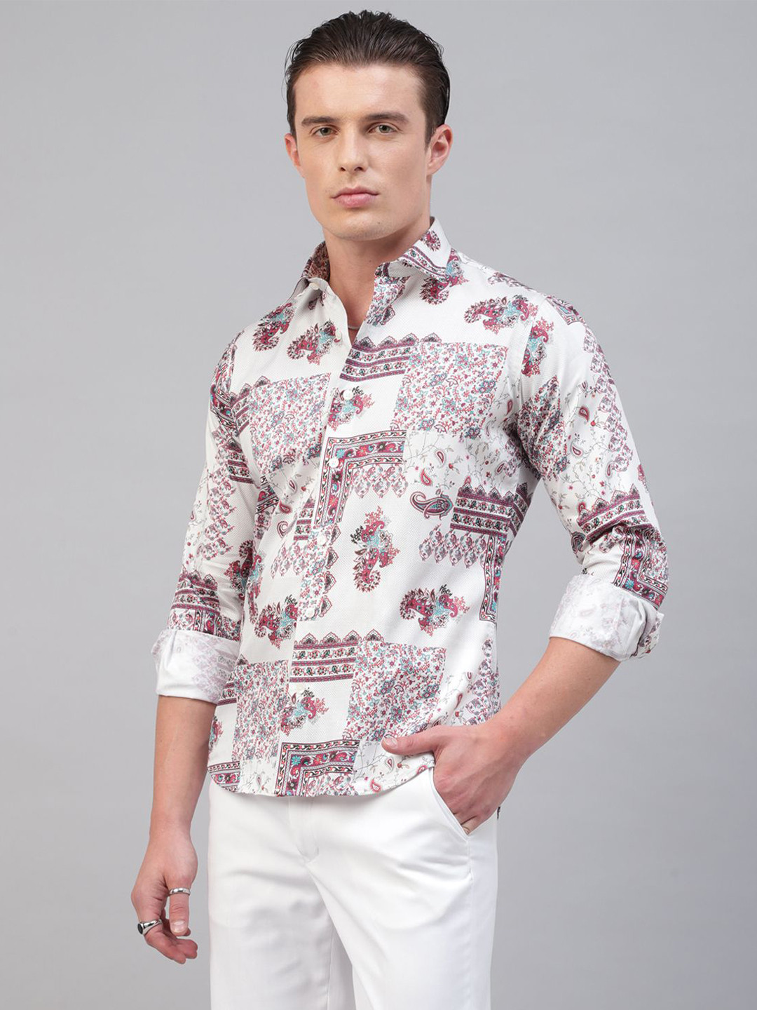 

Givo Men Smart Ethnic Printed Spread Collar Casual Shirt, White