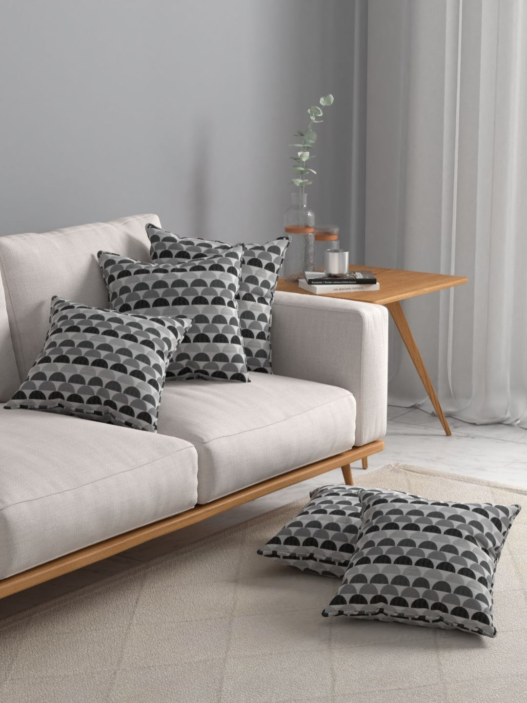 

Myntra Elegant Homes Grey & Black 5 Pieces Geometric Printed Square Cushion Covers